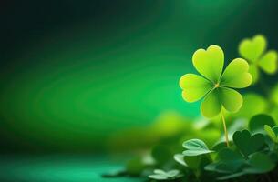 AI generated St. Patrick's Day, abstract green background, background with clover leaves, golden glow, place for text, Irish shamrock photo