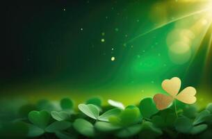 AI generated St. Patrick's Day, abstract green background, background with clover leaves, golden glow, place for text, bokeh effect, golden flashes, Irish shamrock, magic and luck photo