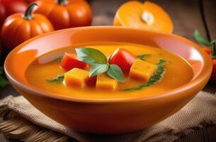 AI generated Holi, a celebration of spring and bright colors in India, a national Indian dish, traditional Indian cuisine, Sambar with pumpkin and tomatoes, vegetable soup, beautiful serving photo