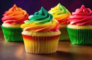 AI generated St. Patrick's Day, national Irish cuisine, traditional Irish pastries, rainbow cupcakes, homemade dessert decorated with colorful cream, Symbol of the LGBT pride community photo