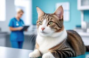 ai generado veterinario clínica, examen por un veterinario, animal tratamiento, un mascota gris gato en un collar en el mesa de un veterinario clínica, medicamentos para gatos, un médico en un médico uniforme foto