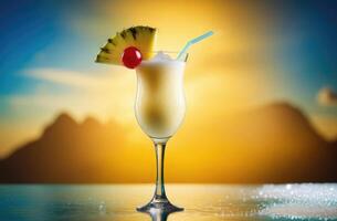 AI generated summer cocktail with coconut and pineapple, soft drink with ice, alcoholic cocktail Pina colada, International Bartenders Day, tropical background, wooden table photo