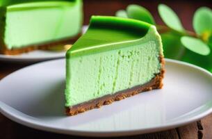 AI generated St. Patrick's Day, national Irish cuisine, traditional Irish pastries, homemade sweets, Green velvet cheesecake, cottage cheese and mint dessert, cake photo