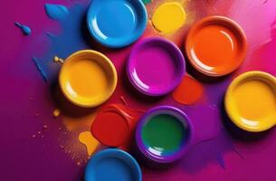 AI generated Holi, the festival of spring and bright colors in India, rainbow colors, colorful bright powder, splashes and streaks, jars of paints, top view, abstract background photo