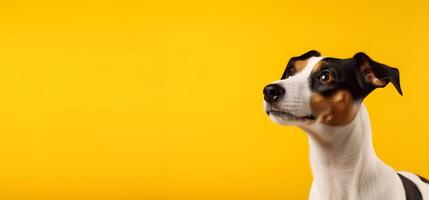 ai generado retrato de un Jack Russell terrier perro en un amarillo fondo, Copiar espacio. foto