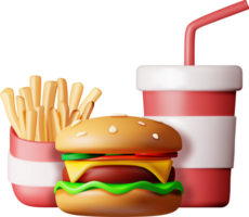 3d copo do Cola com fritas e Hamburguer de queijo png