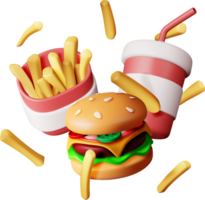 3d copo do Cola com fritas e Hamburguer de queijo png