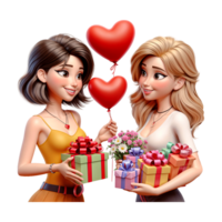 AI generated Cute lesbian couple of girls happily giving each other gifts on Valentine's Day on PNG background.