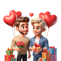 AI generated Homosexual couple of man, happily giving each other gifts, for Valentine's Day on PNG background.