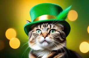 AI generated St. Patrick's Day, funny striped gray cat, green holiday hat, cat in a green leprechaun hat, green background, bokeh effect photo