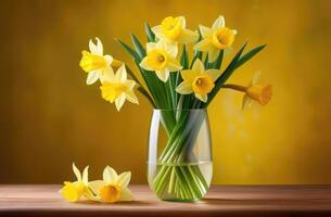 AI generated international Womens Day, St. Davids Day, bouquet of yellow daffodils in a glass vase, spring flowers, yellow background photo