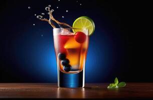 AI generated alcoholic cocktail, summer cocktail with lime and berry, soft drink with ice, International Bartenders Day, dark background, wooden table photo