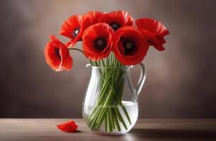 AI generated national Memorial Day, Valentine's Day, National Grandmothers Day, Mother's Day, International Women's Day, bouquet of red poppies in a glass vase on a wooden table photo