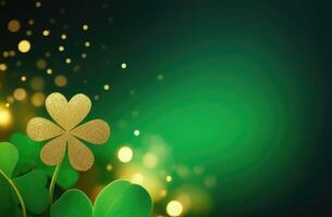 AI generated St. Patrick's Day, abstract green background, background with clover leaves, golden glow, place for text, golden flashes, bokeh effect, Irish shamrock, magic and luck photo