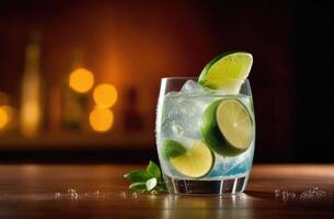 AI generated summer cocktail with lime and mint, sprite vodka alcoholic cocktail, soft drink with ice, International Bartenders Day, water drops, wooden table photo