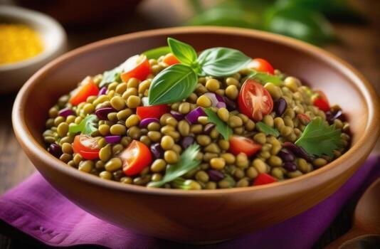 AI generated Purim, a traditional Jewish dish, national Jewish cuisine, Mediterranean Lentil Salad, vegetarian vegetable salad, carrot and celery salad, garnished with tomatoes and basil photo