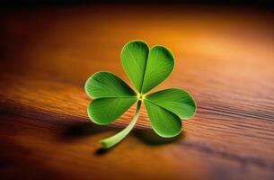 AI generated St. Patrick's Day, Shamrock, clover petal on a wooden background, three-leaf clover photo