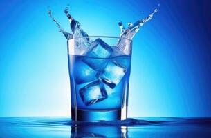 AI generated soft drink with ice, summer cocktail, alcoholic cocktail blue lagoon, glass of water, International bartenders Day, blue background photo