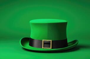 AI generated St. Patrick's Day, green holiday hat, leprechaun hat, clover leaves, Irish shamrock, magic and luck, green background photo