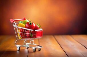 AI generated World Consumer Rights Day, a small grocery cart from a supermarket full of vegetables and fruits, grocery delivery photo