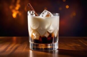 AI generated soft drink with ice, white Russian alcoholic cocktail, summer cocktail with coffee and cream, International Bartenders Day, dark background photo