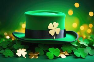 AI generated St. Patrick's Day, green holiday hat, leprechaun hat, clover leaves, bokeh effect, Irish shamrock, golden glow, magic and luck photo