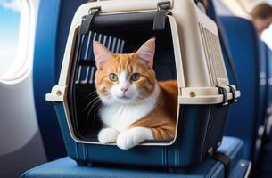 ai generado mundo gato día, de viaje con mascotas, transportar mascotas en transporte, un gato en un avión, un rojo a rayas gato en un portador foto