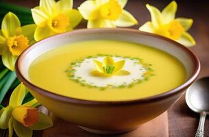 AI generated St. Davids Day, national Welsh cuisine, traditional onion soup Cawl Cennin, decorated with flowers, wooden table, leek and yellow daffodil, delicious photo