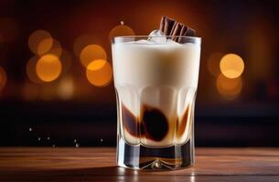 AI generated white Russian alcoholic cocktail, soft drink with ice, summer cocktail with coffee and cream, International Bartenders Day, dark background photo