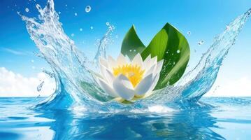 AI generated white lotus, Thai New Year, Songkran, water splashes on a blue background photo