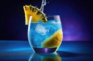 AI generated fruit water in a glass, soft drink with ice, summer cocktail with pineapple, alcoholic cocktail blue lagoon, International Bartenders Day, blue background photo