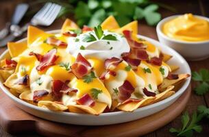 AI generated St. Patrick's Day, national Irish cuisine, traditional Irish pastries, Irish nachos with cheese and bacon, served with sour cream sauce and herbs, beer appetizer photo