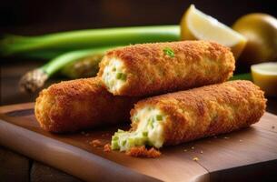 AI generated national Welsh cuisine, St. Davids Day, traditional Glamorgan sausages made of Caerphilly cheese and leeks, decorated with herbs, beautiful serving, mouth-watering photo