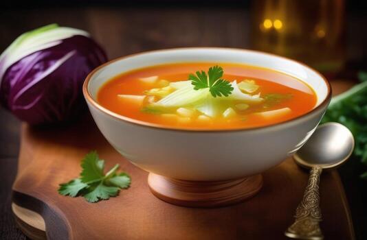 AI generated Purim, traditional Jewish dish, national Jewish cuisine, Vegetarian Kale Soup, hearty white bean soup, vegan cuisine photo