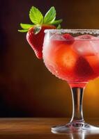 AI generated soft drink with ice, summer cocktail with berries, alcoholic cocktail margarita strawberry, International bartenders Day, dark background, wooden table, vertical banner photo