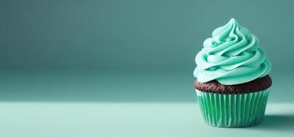 AI generated horizontal banner, mint cupcake, homemade cakes, spicy dessert, place for text photo