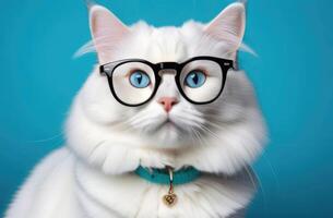 ai generado mundo gato día, mullido Doméstico blanco gato con anteojos, visión controlar, oftalmología salón, veterinario clínica, azul antecedentes foto