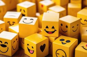 AI generated international Smile Day, World compliment day, colorful wooden cubes with different emotions, childrens cubes, mood selection photo