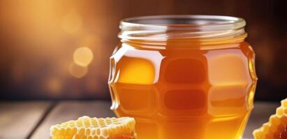 AI generated International Honey Day, world Bee Day, glass jar of honey, honeycombs, bokeh background, horizontal banner, place for text photo