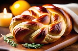 AI generated Purim, Purim pastries, traditional Jewish dish, national Jewish cuisine, Homemade bread Braided challah, Traditional Shabbat challah photo
