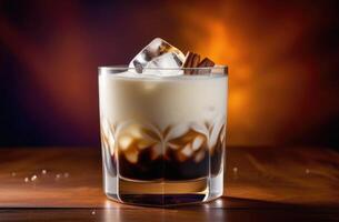 AI generated summer cocktail with coffee and cream, soft drink with ice, white Russian alcoholic cocktail, International Bartenders Day, dark background, wooden table photo