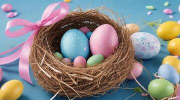 AI generated painted multicolored eggs in a basket, Easter, birds nest, wicker basket, pink bow photo