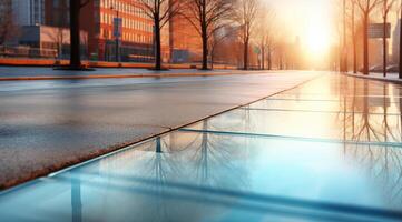 AI generated Reflection of the sun on the glass surface of a pedestrian crossing. photo