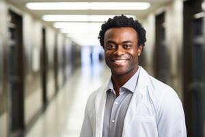 ai generado retrato de un afroamericano masculino doctor, un chico en un hospital vestido, un sonriente enfermero, un hospital corredor, nacional doctores día, mundo enfermeras día foto