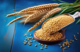 AI generated Vaisakhi, Sikh New Year, Shavuot jewish, bouquet of wheat, ears of wheat, scattered grain, blue background photo