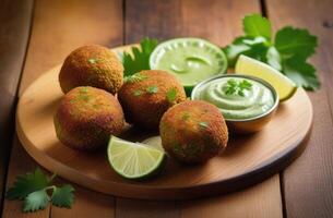 AI generated Purim, traditional Jewish dish, national Jewish cuisine, Falafel and Cucumber Sauce, fried chickpea patties, greens, saucer with sauce and lemon, lemon juice, vegan cuisine photo