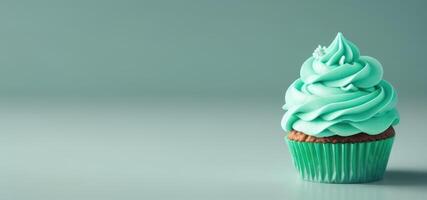 AI generated horizontal banner, chocolate cupcake with mint cream, homemade pastries, spicy dessert, place for text photo