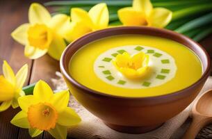 AI generated St. Davids Day, national Welsh cuisine, traditional onion soup Cawl Cennin, leek and yellow daffodil, delicious photo, spring flowers photo