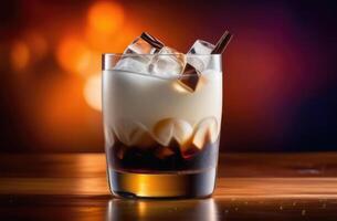 AI generated alcoholic and non-alcoholic cocktail white Russian with ice, cocktail with vodka and coffee liqueur, summer refreshing cocktail photo