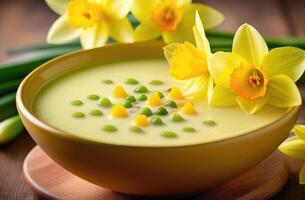 AI generated St. Davids Day, national Welsh cuisine, traditional onion soup Cawl Cennin, leek and yellow daffodil, delicious photo